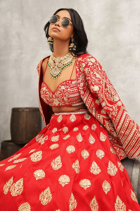 Kapda Dori_Red Silk Cut Work, Zari, Sequins, Stones Damask Embroidered Jacket And Lehenga Set _at_Aza_Fashions