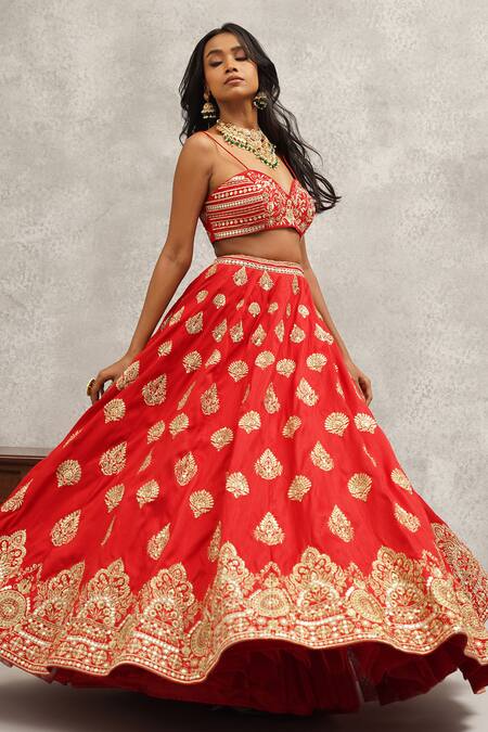 Buy_Kapda Dori_Red Silk Cut Work, Zari, Sequins, Stones Damask Embroidered Jacket And Lehenga Set 