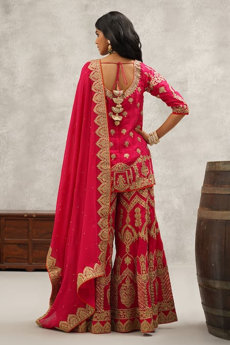 Kapda Dori_Pink Organza, Silk, Cotton Cut Work, Mughal Embroidered Kurta Sharara Set _Online_at_Aza_Fashions