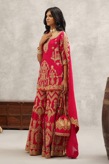 Buy_Kapda Dori_Pink Organza, Silk, Cotton Cut Work, Mughal Embroidered Kurta Sharara Set _Online_at_Aza_Fashions