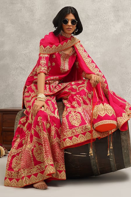 Shop_Kapda Dori_Pink Organza, Silk, Cotton Cut Work, Mughal Embroidered Kurta Sharara Set _Online_at_Aza_Fashions