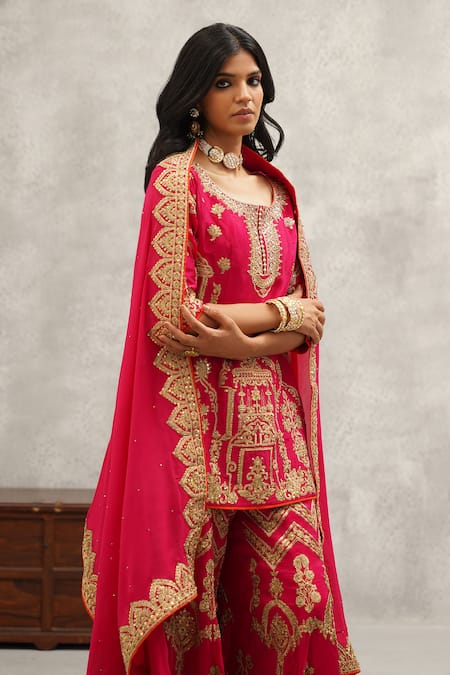 Kapda Dori_Pink Organza, Silk, Cotton Cut Work, Mughal Embroidered Kurta Sharara Set _at_Aza_Fashions