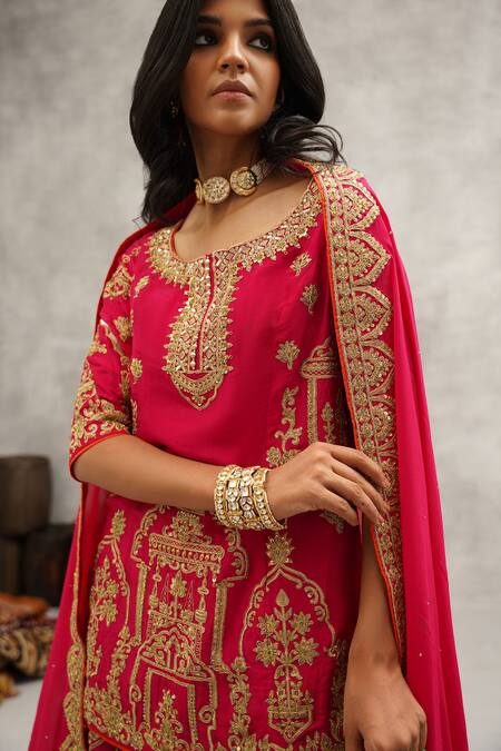 Buy_Kapda Dori_Pink Organza, Silk, Cotton Cut Work, Mughal Embroidered Kurta Sharara Set 