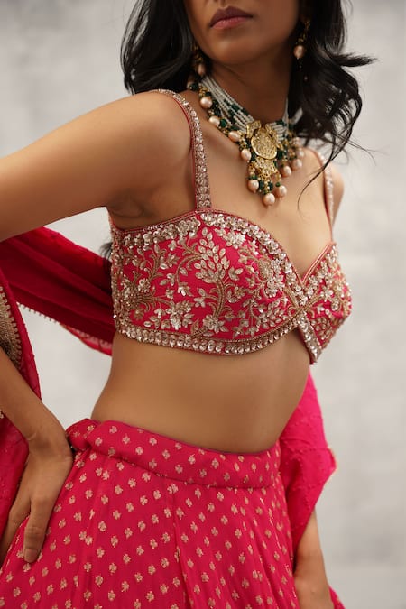 Shop_Kapda Dori_Pink Georgette, Silk Sequins, Stones, Cut Work, Fuchsia Bloom Motif Lehenga Set _Online_at_Aza_Fashions