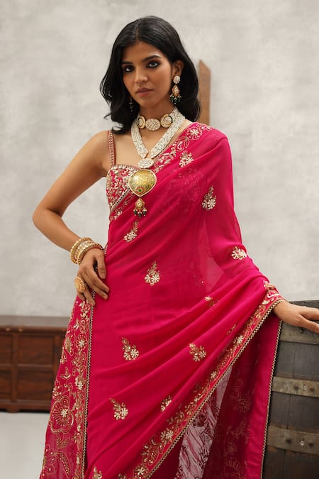 Shop Kapda Dori Pink Georgette, Satin, Linen Cut Work, Sequins, Blossom Embroidered Saree Set Online at Aza Fashions Shop_Kapda Dori_Pink Georgette, Satin, Linen Cut Work, Sequins, Blossom Embroidered Saree Set _Online_at_Aza_Fashions
