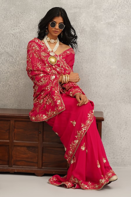 Kapda Dori Pink Georgette, Satin, Linen Cut Work, Sequins, Blossom Embroidered Saree Set at Aza Fashions Kapda Dori_Pink Georgette, Satin, Linen Cut Work, Sequins, Blossom Embroidered Saree Set _at_Aza_Fashions