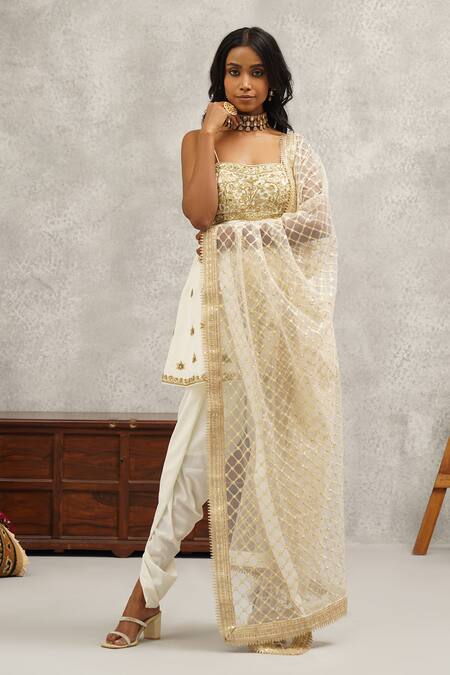 Buy Kapda Dori White Net, Linen Zari, Sequins, Cut Work Floral Embroidered Peplum Kurta Set Online at Aza Fashions Buy_Kapda Dori_White Net, Linen Zari, Sequins, Cut Work Floral Embroidered Peplum Kurta Set _Online_at_Aza_Fashions