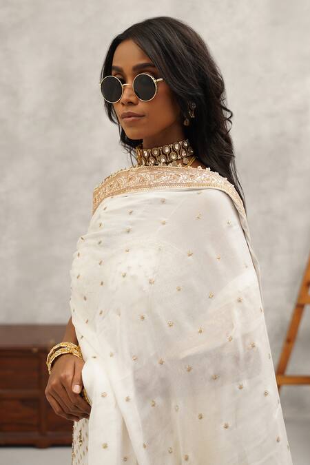 Kapda Dori_White Georgette, Lycra, Silk Cut Work, Pearls, Gul Embroidered Kurta Set _at_Aza_Fashions
