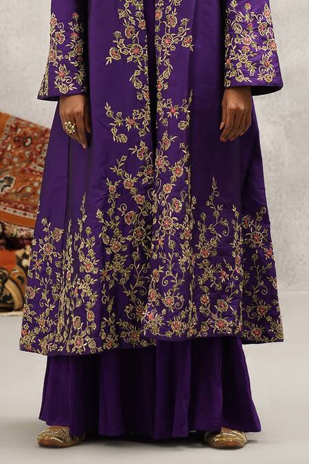 Buy Kapda Dori Purple Silk, Crepe Embroidery Open Neck Resham Jacket And Sharara Set Online at Aza Fashions Buy_Kapda Dori_Purple Silk, Crepe Embroidery Open Neck Resham Jacket And Sharara Set _Online_at_Aza_Fashions