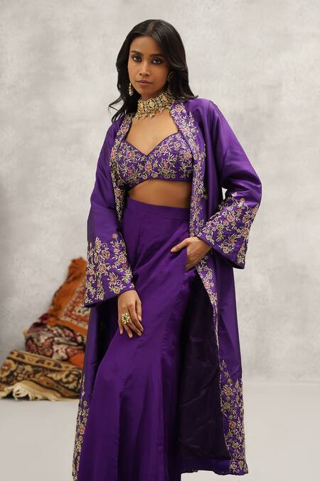 Shop Kapda Dori Purple Silk, Crepe Embroidery Open Neck Resham Jacket And Sharara Set Online at Aza Fashions Shop_Kapda Dori_Purple Silk, Crepe Embroidery Open Neck Resham Jacket And Sharara Set _Online_at_Aza_Fashions