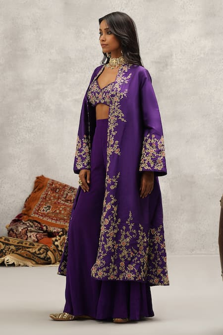 Kapda Dori Purple Silk, Crepe Embroidery Open Neck Resham Jacket And Sharara Set at Aza Fashions Kapda Dori_Purple Silk, Crepe Embroidery Open Neck Resham Jacket And Sharara Set _at_Aza_Fashions