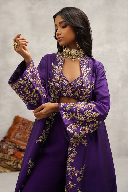 Buy Kapda Dori Purple Silk, Crepe Embroidery Open Neck Resham Jacket And Sharara Set Buy_Kapda Dori_Purple Silk, Crepe Embroidery Open Neck Resham Jacket And Sharara Set