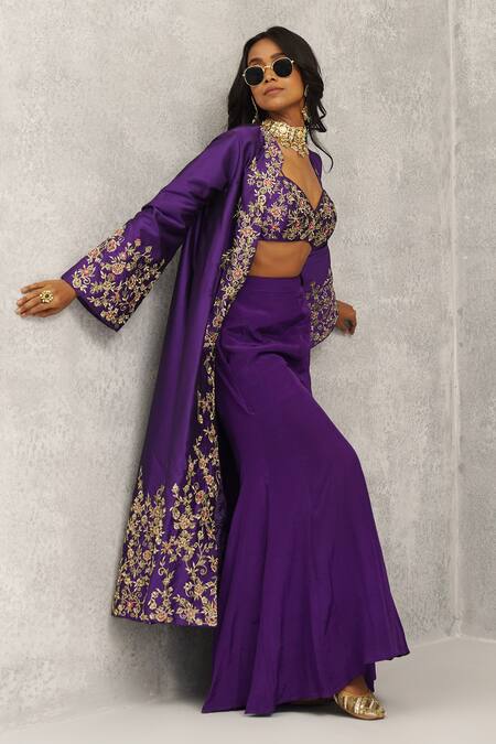 Shop Kapda Dori Purple Silk, Crepe Embroidery Open Neck Resham Jacket And Sharara Set Shop_Kapda Dori_Purple Silk, Crepe Embroidery Open Neck Resham Jacket And Sharara Set