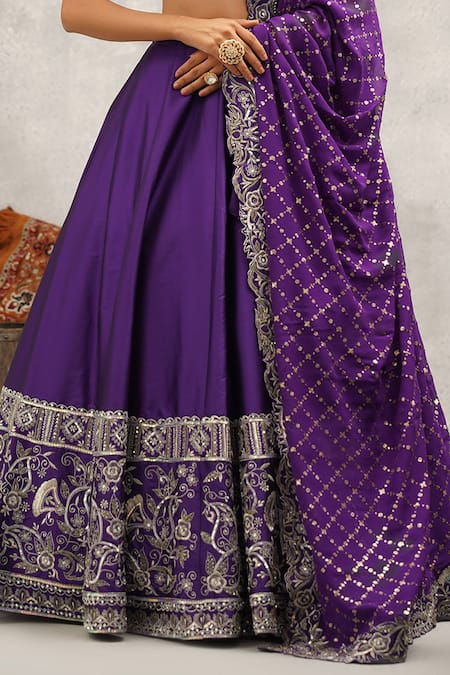 Buy_Kapda Dori_Purple Georgette, Linen, Silk Sequins, Mirrors, Stones, Phool Lehenga Set _Online_at_Aza_Fashions