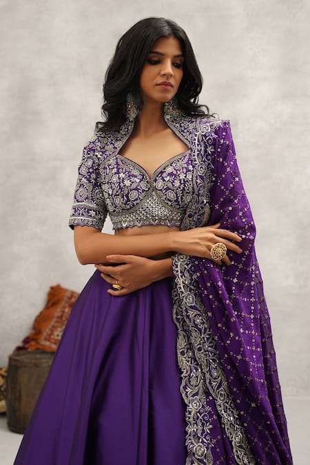Kapda Dori_Purple Georgette, Linen, Silk Sequins, Mirrors, Stones, Phool Lehenga Set _at_Aza_Fashions