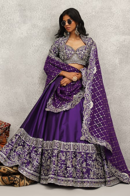 Buy_Kapda Dori_Purple Georgette, Linen, Silk Sequins, Mirrors, Stones, Phool Lehenga Set 