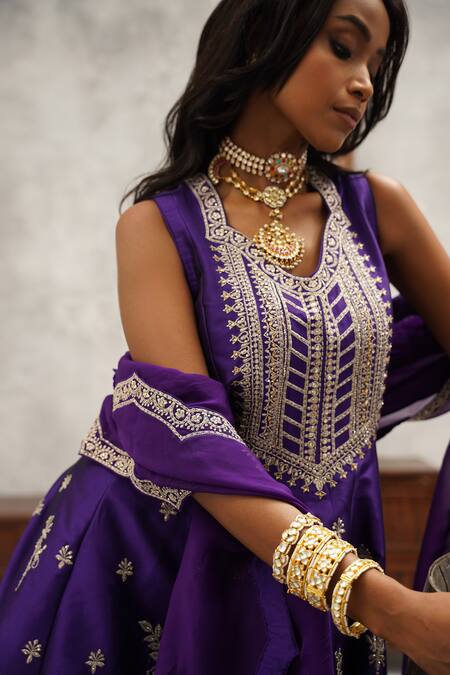 Shop Kapda Dori Purple Organza, Lycra, Silk Sequins, Stones, Zari Phool Embroidered Anarkali Set Online at Aza Fashions Shop_Kapda Dori_Purple Organza, Lycra, Silk Sequins, Stones, Zari Phool Embroidered Anarkali Set _Online_at_Aza_Fashions