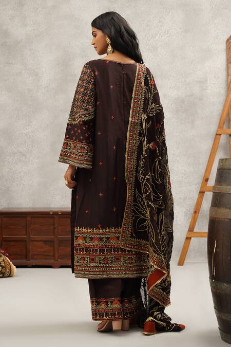 Shop Kapda Dori Brown Georgette, Silk Sequins, Stones, Embroidery Phool Gul Kurta Palazzo Set at Aza Fashions Shop_Kapda Dori_Brown Georgette, Silk Sequins, Stones, Embroidery Phool Gul Kurta Palazzo Set _at_Aza_Fashions