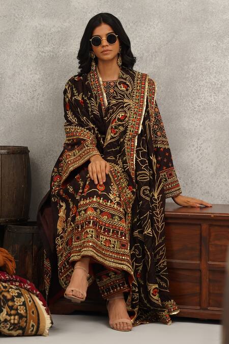 Shop Kapda Dori Brown Georgette, Silk Sequins, Stones, Embroidery Phool Gul Kurta Palazzo Set Online at Aza Fashions Shop_Kapda Dori_Brown Georgette, Silk Sequins, Stones, Embroidery Phool Gul Kurta Palazzo Set _Online_at_Aza_Fashions