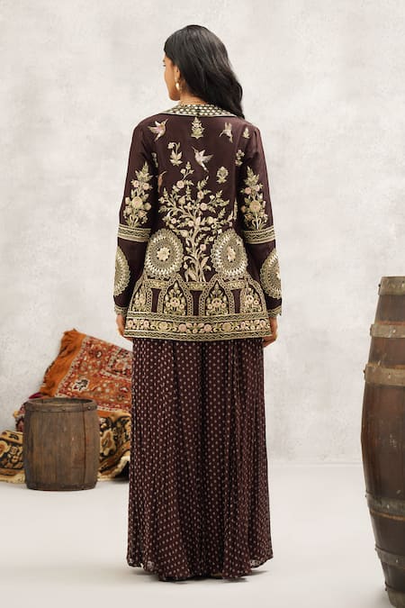 Kapda Dori Brown Georgette, Silk Mirrors, Sequins, Persian Bloom Jacket And Sharara Set Online at Aza Fashions Kapda Dori_Brown Georgette, Silk Mirrors, Sequins, Persian Bloom Jacket And Sharara Set _Online_at_Aza_Fashions