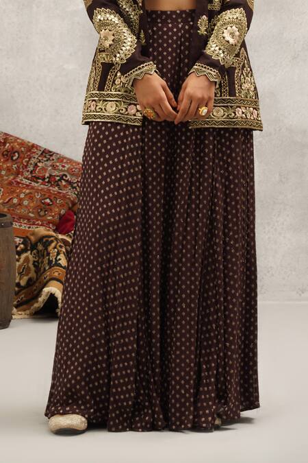 Buy Kapda Dori Brown Georgette, Silk Mirrors, Sequins, Persian Bloom Jacket And Sharara Set Online at Aza Fashions Buy_Kapda Dori_Brown Georgette, Silk Mirrors, Sequins, Persian Bloom Jacket And Sharara Set _Online_at_Aza_Fashions