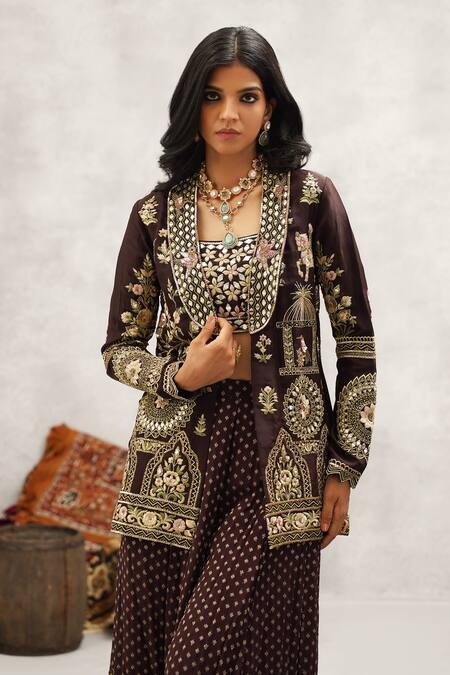 Shop Kapda Dori Brown Georgette, Silk Mirrors, Sequins, Persian Bloom Jacket And Sharara Set Online at Aza Fashions Shop_Kapda Dori_Brown Georgette, Silk Mirrors, Sequins, Persian Bloom Jacket And Sharara Set _Online_at_Aza_Fashions
