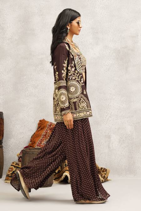 Kapda Dori Brown Georgette, Silk Mirrors, Sequins, Persian Bloom Jacket And Sharara Set at Aza Fashions Kapda Dori_Brown Georgette, Silk Mirrors, Sequins, Persian Bloom Jacket And Sharara Set _at_Aza_Fashions