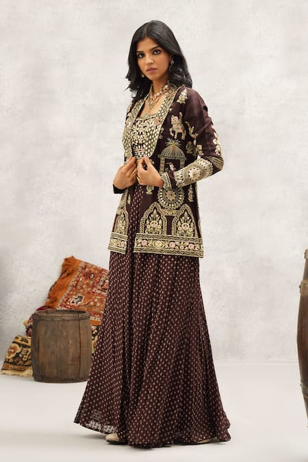 Buy Kapda Dori Brown Georgette, Silk Mirrors, Sequins, Persian Bloom Jacket And Sharara Set Buy_Kapda Dori_Brown Georgette, Silk Mirrors, Sequins, Persian Bloom Jacket And Sharara Set