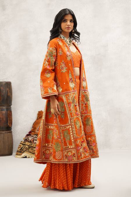 Buy Kapda Dori Orange Silk, Georgette Sequins, Stones, Bagh Embroidered Jacket And Sharara Set Online at Aza Fashions Buy_Kapda Dori_Orange Silk, Georgette Sequins, Stones, Bagh Embroidered Jacket And Sharara Set _Online_at_Aza_Fashions