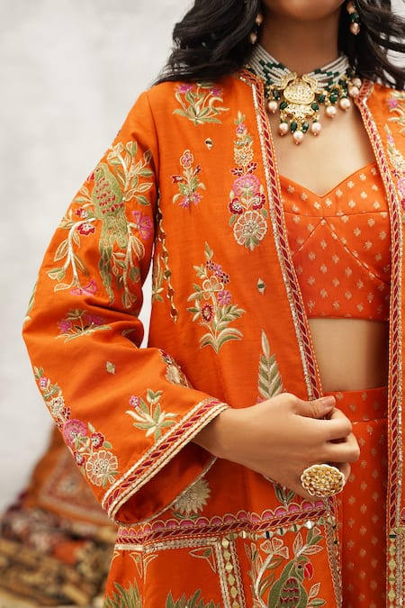 Buy Kapda Dori Orange Silk, Georgette Sequins, Stones, Bagh Embroidered Jacket And Sharara Set Buy_Kapda Dori_Orange Silk, Georgette Sequins, Stones, Bagh Embroidered Jacket And Sharara Set