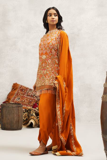 Buy Kapda Dori Orange Satin, Chiffon, Crepe, Cotton Embroidery, Floral Kurta And Dhoti Pant Set Online at Aza Fashions Buy_Kapda Dori_Orange Satin, Chiffon, Crepe, Cotton Embroidery, Floral Kurta And Dhoti Pant Set _Online_at_Aza_Fashions
