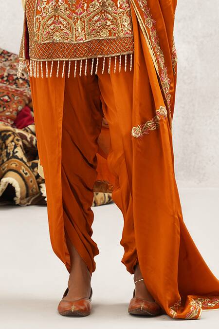 Shop Kapda Dori Orange Satin, Chiffon, Crepe, Cotton Embroidery, Floral Kurta And Dhoti Pant Set Online at Aza Fashions Shop_Kapda Dori_Orange Satin, Chiffon, Crepe, Cotton Embroidery, Floral Kurta And Dhoti Pant Set _Online_at_Aza_Fashions