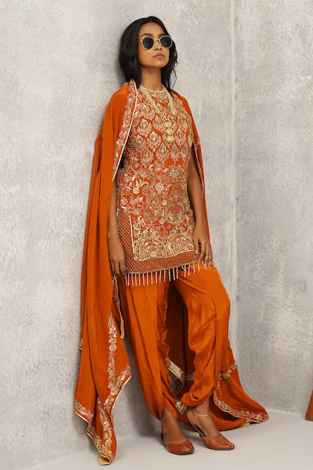 Kapda Dori Orange Satin, Chiffon, Crepe, Cotton Embroidery, Floral Kurta And Dhoti Pant Set at Aza Fashions Kapda Dori_Orange Satin, Chiffon, Crepe, Cotton Embroidery, Floral Kurta And Dhoti Pant Set _at_Aza_Fashions