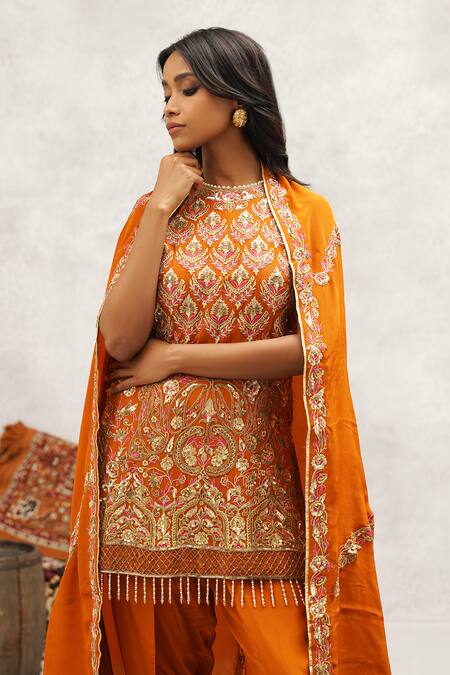 Buy Kapda Dori Orange Satin, Chiffon, Crepe, Cotton Embroidery, Floral Kurta And Dhoti Pant Set Buy_Kapda Dori_Orange Satin, Chiffon, Crepe, Cotton Embroidery, Floral Kurta And Dhoti Pant Set