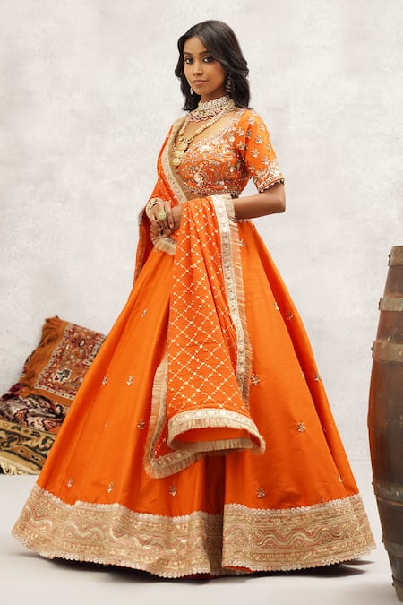 Kapda Dori Orange Silk, Organza Cut Work, Sequins, Pearls Embroidered Rust Lehenga Set Online at Aza Fashions Kapda Dori_Orange Silk, Organza Cut Work, Sequins, Pearls Embroidered Rust Lehenga Set _Online_at_Aza_Fashions