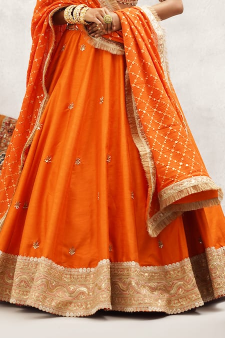 Buy Kapda Dori Orange Silk, Organza Cut Work, Sequins, Pearls Embroidered Rust Lehenga Set Online at Aza Fashions Buy_Kapda Dori_Orange Silk, Organza Cut Work, Sequins, Pearls Embroidered Rust Lehenga Set _Online_at_Aza_Fashions