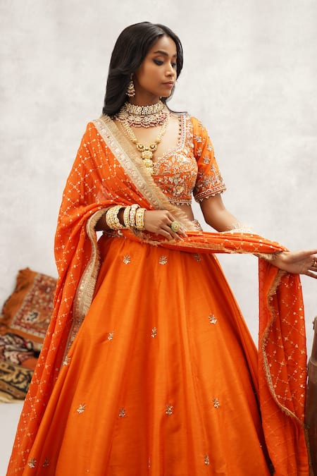 Shop Kapda Dori Orange Silk, Organza Cut Work, Sequins, Pearls Embroidered Rust Lehenga Set Online at Aza Fashions Shop_Kapda Dori_Orange Silk, Organza Cut Work, Sequins, Pearls Embroidered Rust Lehenga Set _Online_at_Aza_Fashions