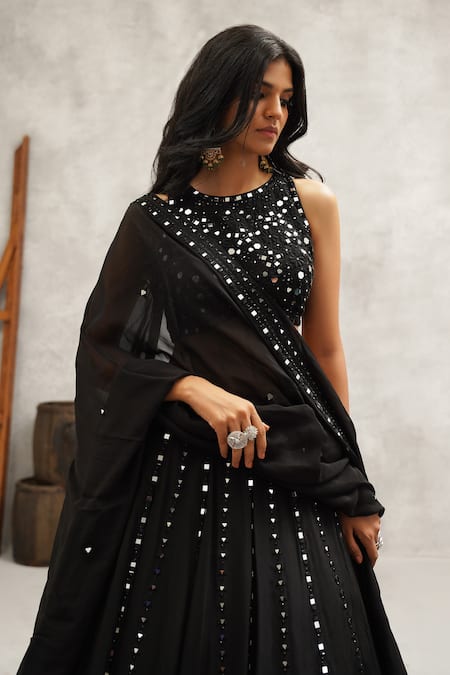 Kapda Dori_Black Crepe, Viscose, Georgette, Leather Mirrors Round Embroidered Lehenga Set _at_Aza_Fashions
