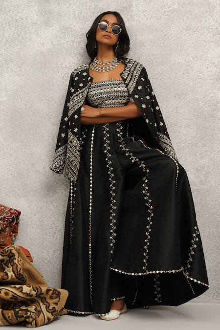 Shop Kapda Dori Black Silk, Cotton Sequins, Stones, Mirrors, Embroidered Jacket And Lehenga Set Online at Aza Fashions Shop_Kapda Dori_Black Silk, Cotton Sequins, Stones, Mirrors, Embroidered Jacket And Lehenga Set _Online_at_Aza_Fashions