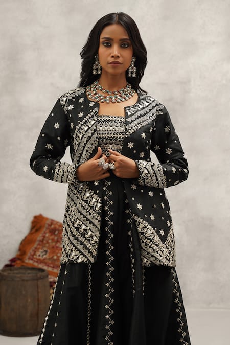Shop Kapda Dori Black Silk, Cotton Sequins, Stones, Mirrors, Embroidered Jacket And Lehenga Set Shop_Kapda Dori_Black Silk, Cotton Sequins, Stones, Mirrors, Embroidered Jacket And Lehenga Set