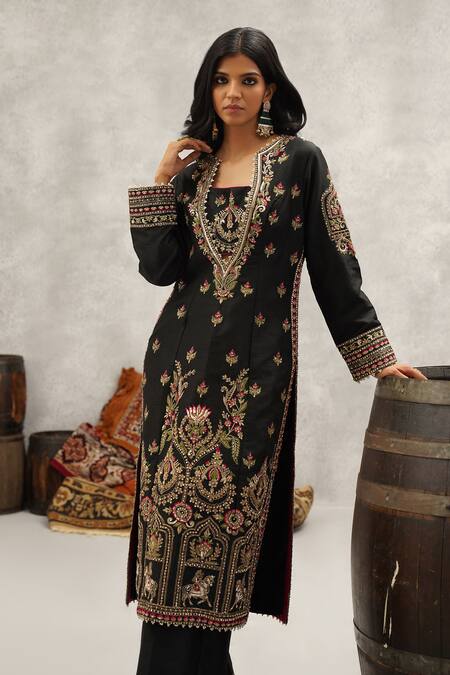 Buy Kapda Dori Black Silk, Georgette Embroidery, Sequins Round Neck, Floral Kurta Palazzo Set Online at Aza Fashions Buy_Kapda Dori_Black Silk, Georgette Embroidery, Sequins Round Neck, Floral Kurta Palazzo Set _Online_at_Aza_Fashions
