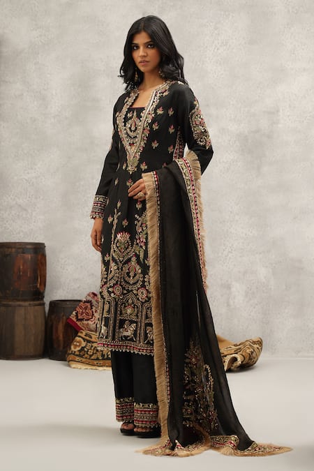 Shop Kapda Dori Black Silk, Georgette Embroidery, Sequins Round Neck, Floral Kurta Palazzo Set Online at Aza Fashions Shop_Kapda Dori_Black Silk, Georgette Embroidery, Sequins Round Neck, Floral Kurta Palazzo Set _Online_at_Aza_Fashions