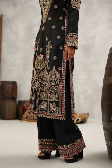 Buy Kapda Dori Black Silk, Georgette Embroidery, Sequins Round Neck, Floral Kurta Palazzo Set Buy_Kapda Dori_Black Silk, Georgette Embroidery, Sequins Round Neck, Floral Kurta Palazzo Set