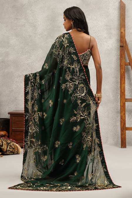 Kapda Dori_Green Georgette, Satin, Lycra Cut Work, Sequins, Floral Embroidered Saree Set _Online_at_Aza_Fashions