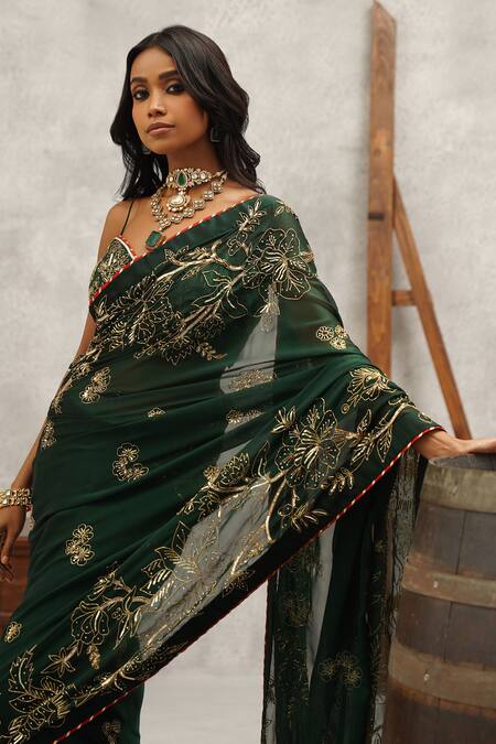 Buy_Kapda Dori_Green Georgette, Satin, Lycra Cut Work, Sequins, Floral Embroidered Saree Set _Online_at_Aza_Fashions