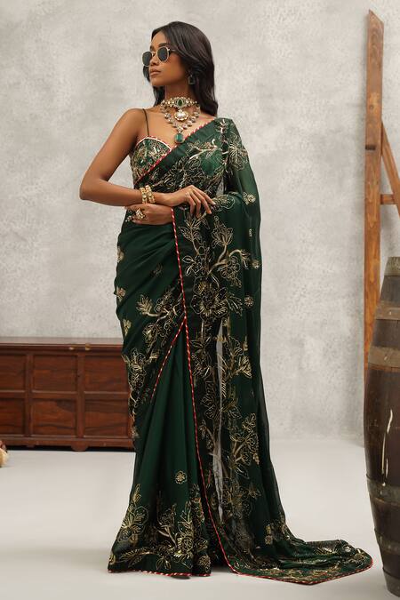 Shop_Kapda Dori_Green Georgette, Satin, Lycra Cut Work, Sequins, Floral Embroidered Saree Set _Online_at_Aza_Fashions