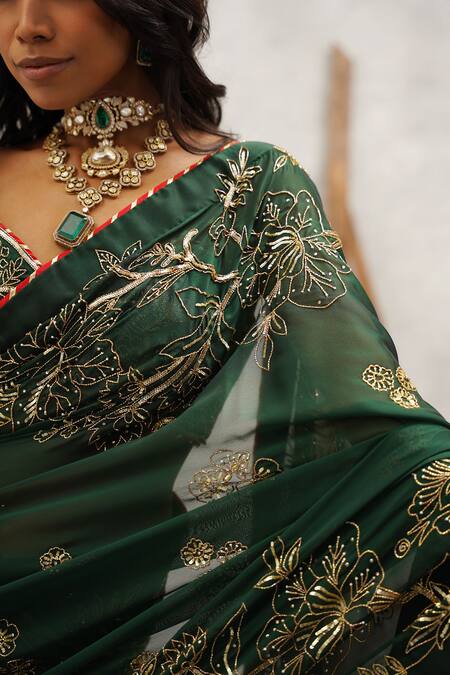 Kapda Dori_Green Georgette, Satin, Lycra Cut Work, Sequins, Floral Embroidered Saree Set _at_Aza_Fashions