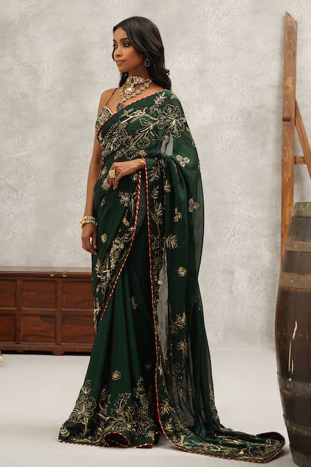 Buy_Kapda Dori_Green Georgette, Satin, Lycra Cut Work, Sequins, Floral Embroidered Saree Set 