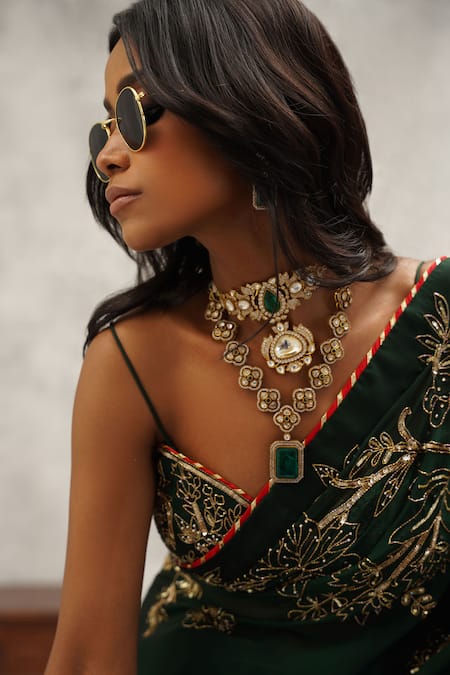 Shop_Kapda Dori_Green Georgette, Satin, Lycra Cut Work, Sequins, Floral Embroidered Saree Set 