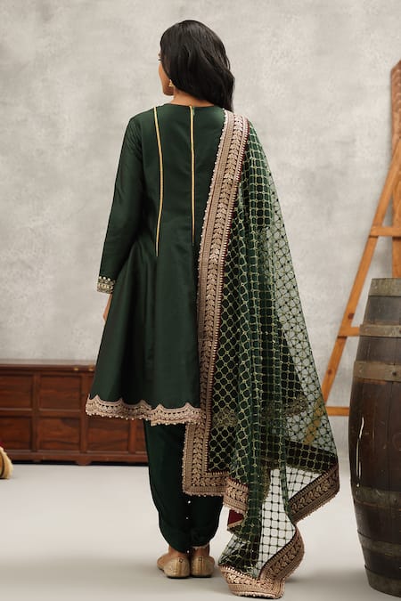 Shop Kapda Dori Green Silk, Net, Crepe Cut Work, Beads, Floral Embroidered Anarkali Dhoti Set at Aza Fashions Shop_Kapda Dori_Green Silk, Net, Crepe Cut Work, Beads, Floral Embroidered Anarkali Dhoti Set _at_Aza_Fashions